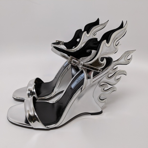 SOLD Prada Silver Flame Wedge Heeled Sandals - Picture 2 of 6